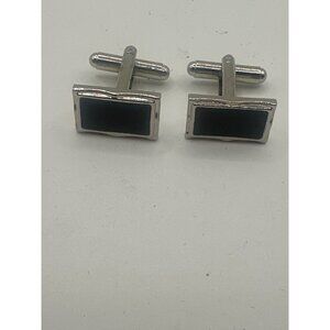 Silver Rectangle Cufflinks With Black Enamel Accents For Formal & Business Attir